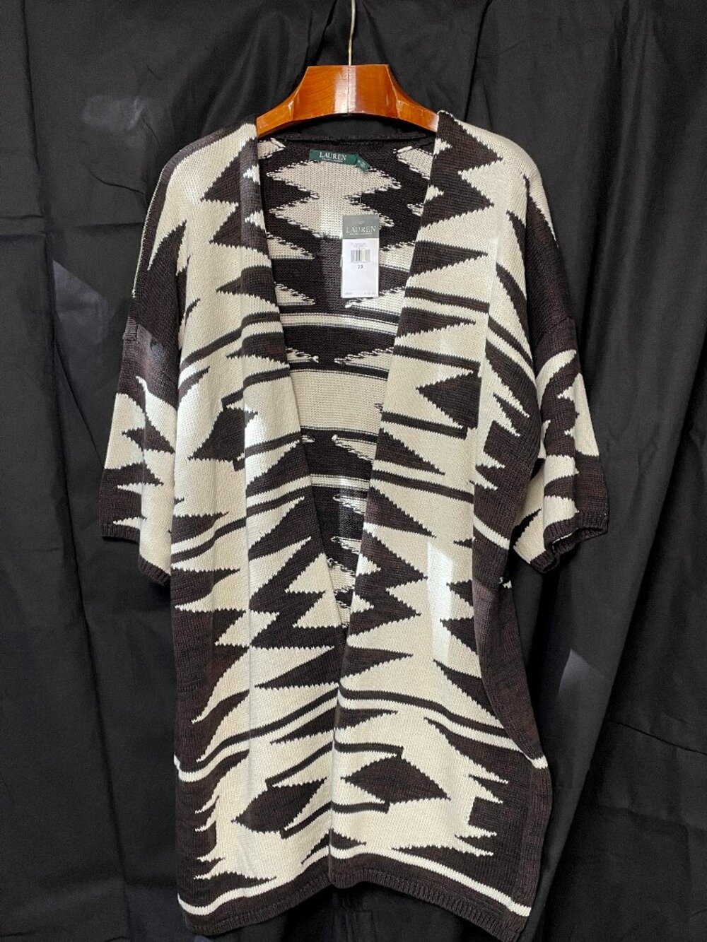 NWT Lauren Ralph Lauren Geometric Open Front Poncho Cardigan Sweater 2X Black/Wh